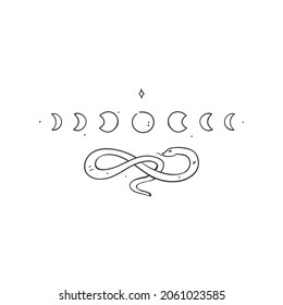 Hand-drawn minimalist line art of the lunar cycle and mystical snake. Black and white vector illustration with isolated astrological symbols. Design element.