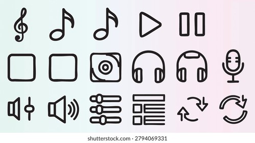 Handdrawn minimalist music and audio control icons collection for media players and sound systems