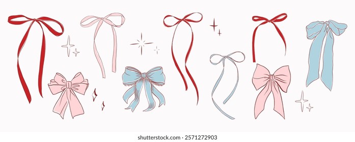 Hand-drawn minimalist ribbon bows collection in pastel tones of pink, red, and blue with flowing tails and sparkles. Ideal for gift wrapping, holiday decor, and feminine creative projects