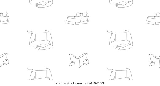 Dibujado a mano minimalista patrón sin fisuras con línea de arte de leer libros en estilo continuo. Fondo blanco, telón de fondo para la materia textil, papel de embalaje, tela, cubierta, Fondo de pantalla, diseño de impresión. Vector