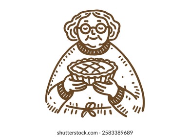 Hand-drawn minimalistic grandma with pie	