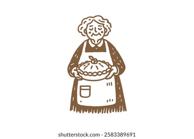 Hand-drawn minimalistic grandma with pie	