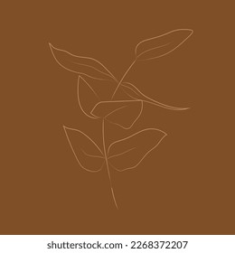 Hand-drawn minimalistic vector branches. A set of fashionable posters with plants on a brown background. Linear contemporary art. botanical poster in boho style. A branch in the style of a single line