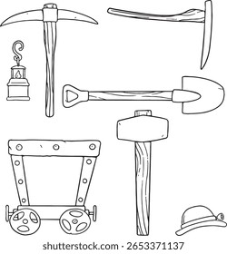 ferramentas e equipamentos de mineração desenhados à mão, incluindo uma picareta, pá, marreta, carrinho de mineração, lanterna e capacete. Perfeito para temas relacionados a escavação, caça ao tesouro, indústria, trabalho duro.