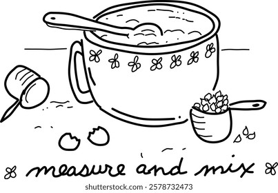 Hand-drawn mixing bowl vector doodle. Mixing bowl, cookie dough, measuring cups, and chocolate chips. Mixing up some cookie dough