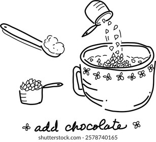 Hand-drawn mixing bowl vector doodle with chocolate chips. Adding chocolate is the best part of making cookies.