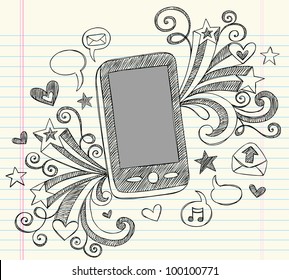 Hand-Drawn Mobile Cell Phone PDA Sketchy Notebook Doodles with Swirls, Hearts, Email Icons, Speech Bubbles, and Shooting Stars- Vector Illustration Design Elements on Lined Sketchbook Paper Background