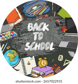 Maqueta dibujada a mano sobre un tema escolar con útiles escolares en el estilo de boceto.