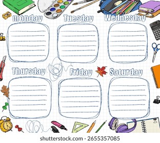 Mockup desenhado à mão para o horário da escola com material escolar e rabiscos no estilo de esboço.