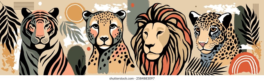 Hand-drawn modern abstract illustration featuring a tiger, cheetah, lion, and leopard surrounded by tropical leaves and geometric patterns. A stylish and artistic wildlife composition.