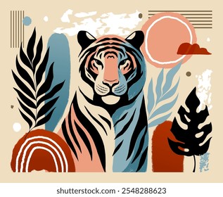 Hand-drawn Modern Graphic Illustration with Tiger and Tropical Leaves. Colorful Abstract Forms.
