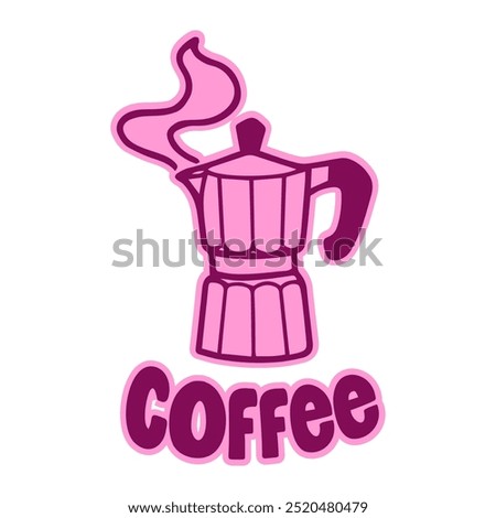 Hand-drawn moka pot with coffee text. Creative sticker symbolizing energy, caffeine, and morning routines. Vector illustration for coffee lovers, productivity, and cozy vibes.