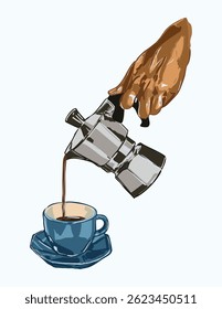 Hand-drawn moka pot pouring coffee into a cup. Great for cafe branding, kitchen decor, packaging, posters, or cozy lifestyle-themed designs.