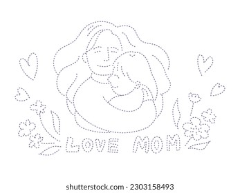 Handdrawn mom hugging child, mother's day concept. Black and white dotted line drawing.