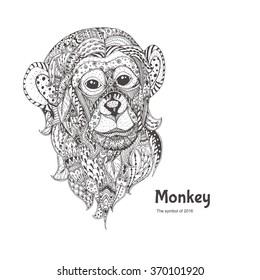 Hand-drawn  monkey with ethnic floral doodle pattern. Coloring page - zendala, design for spiritual relaxation for adults, vector illustration, isolated on a white background. Zendoodles.