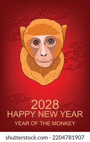 Hand-drawn monkey, zodiac sign, Chinese horoscope. The symbol of new year 2028. Eastern horoscope. banner, red envelopes, clouds, korean, japanese holiday. Vector illustration
