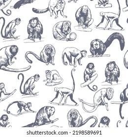 Hand-drawn monkeys of South America.  Vector  seamless pattern.