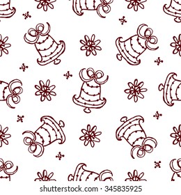 Handdrawn monochrome Christmas seamless pattern with bells and snowflakes