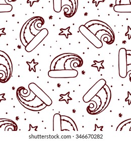 Handdrawn monochrome Christmas seamless pattern with hat of Santa Claus, stars and snow