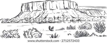 Handdrawn monochrome crosssection of layered mesa with vegetation