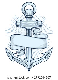 Hand-drawn monochrome decorative anchor and ribbon nautical emblem
