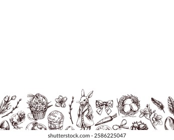 Hand-drawn monochrome Easter border with vintage holiday elements,  rabbit, eggs, flowers, and festive decorations