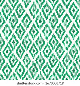 Hand-Drawn Monochrome Emerald Green Traditional Ikat Diamonds Vector Seamless Pattern. Modern Retro Woven Gaometric Print, Perfect for Textiles, Fashion, Background. Tribal Boho Colored Texture