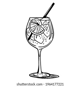 Hand-drawn monochrome flat illustration of the Aperol spritz cocktail. Vector illustration.