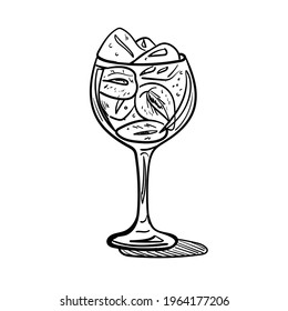 Hand-drawn monochrome flat illustration of the gin and tonic cocktail. Vector illustration.