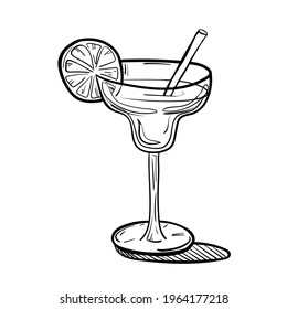 Hand-drawn monochrome flat illustration of the Margarita cocktail. Vector illustration.