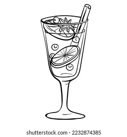 Hand-drawn monochrome flat illustration of the winter hot drink. Mulled wine vector illustration.