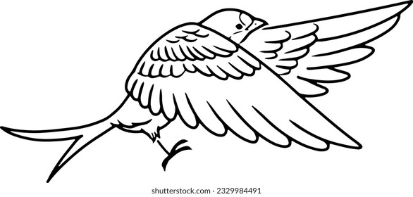 Hand-drawn monochrome illustration of a flying swallow