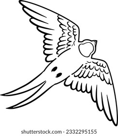 Hand-drawn monochrome illustration of a flying swallow