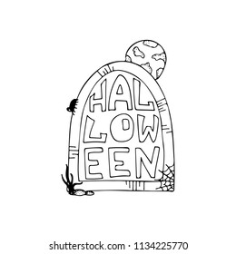 Hand-drawn monochrome illustration for halloween party. Gravestone with the full moon.