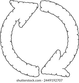 Hand-drawn monochrome illustration of two arrows combining and rotating