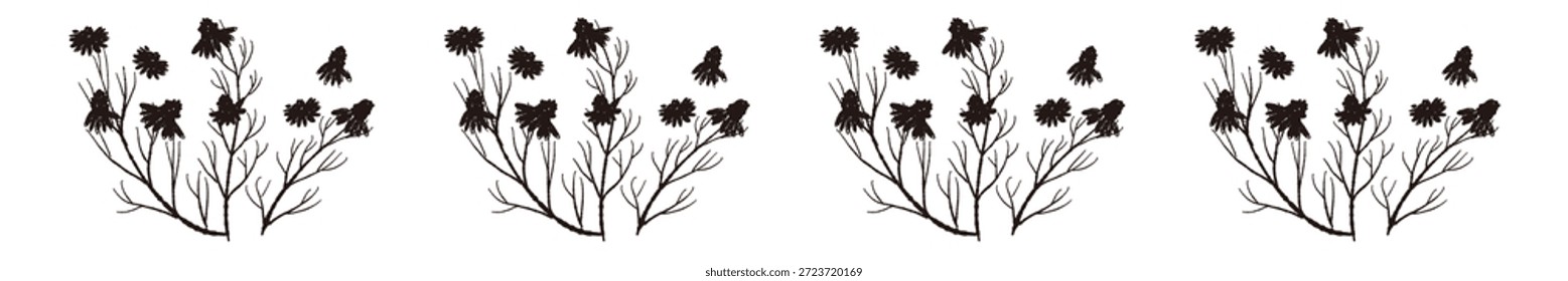 Ilustrações monocromáticas de camomila desenhadas à mão (molduras, coroas, padrões, etc.)