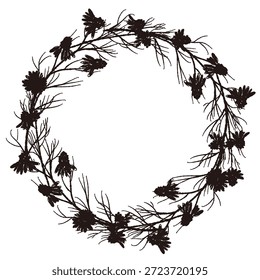 Ilustrações monocromáticas de camomila desenhadas à mão (molduras, coroas, padrões, etc.)