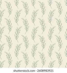 Hand-drawn monochrome ink seamless pattern with leaves. Minimalist, trendy background. Designed for wrapping paper, packaging, fabric, and textiles. Vector illustration.