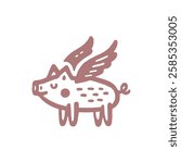 Hand-drawn monochrome line art of a flying pig with wings	