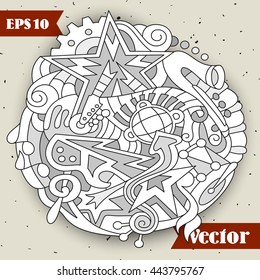 Hand-drawn monochrome pattern with elements of doodles. Musical instruments, the symbols and stars. On grunge background with dots.