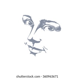 Hand-drawn monochrome portrait of delicate good-looking dreamy still woman, black and white vector drawing. Emotional expressions idea image, face features.