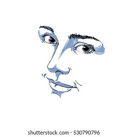 Hand-drawn monochrome portrait of delicate good-looking dreamy still woman, black and white vector drawing. Emotional expressions idea image, face features.