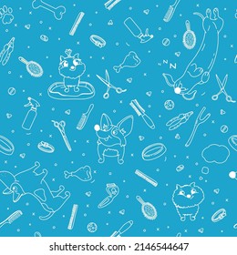 Hand-drawn Monochrome Seamless Pattern On The Theme Of Dog Care. Pet Care Items And Purebred Dogs.