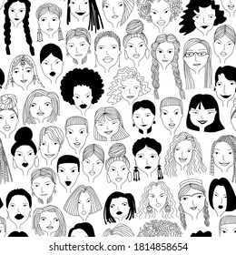 A hand-drawn monochrome seamless pattern of women's faces of different nationalities with various hairstyles. Stock vector illustration.