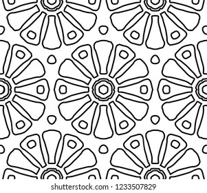 Hand-drawn monochrome seamless vector pattern with chamomile flowers and small stones.