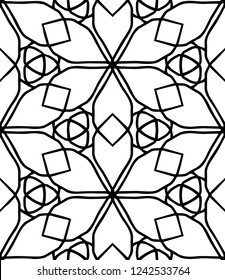 Hand-drawn monochrome seamless vector pattern of geometric flowers with six petals and trefoil knots.