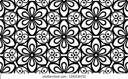 Hand-drawn monochrome seamless vector pattern with symmetrical flowers.