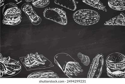 Hand-drawn monochrome sketches of street food, takeaway food, fast food, junk food on chalkboard background. Burgers, chips, pizza, hot dogs, burritos, tacos, set. Great for menu.