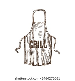 Hand-drawn monochrome vector sketch of barbecue apron. Doodle vintage illustration. Decorations for the menu of cafes and labels. Engraved image.	