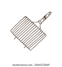 Hand-drawn monochrome vector sketch of barbecue grill, grill grate, BBQ grill grid. Doodle vintage illustration. Decorations for the menu of cafes and labels. Engraved image.